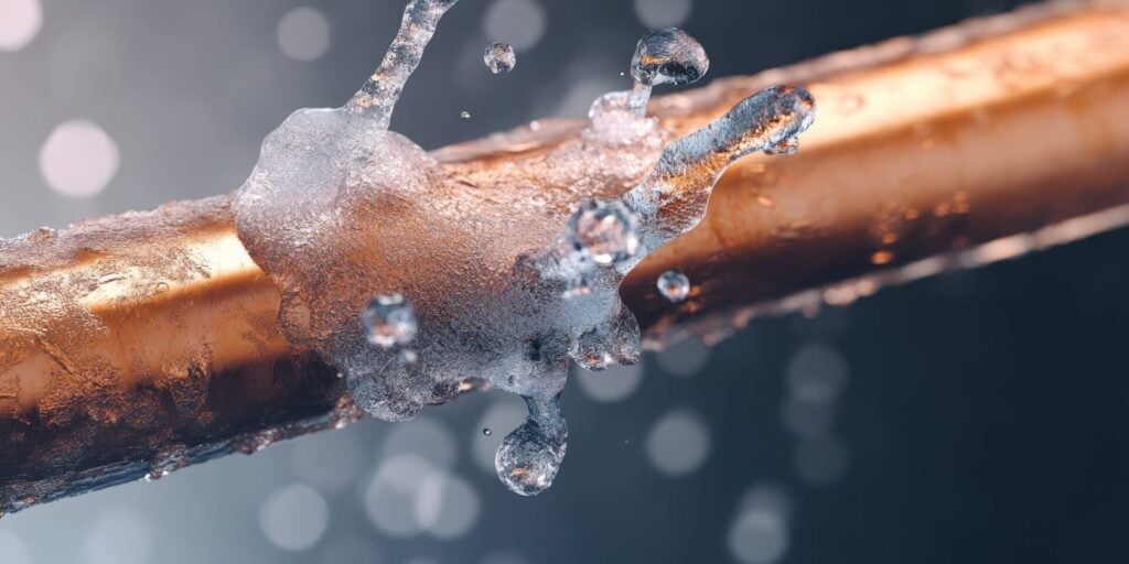 Close-up of a frozen outdoor pipe during winter, highlighting frost buildup.