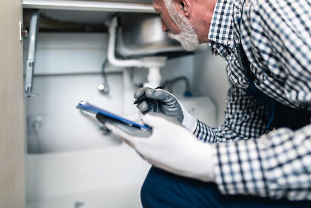 Plumber inspecting kitchen plumbing